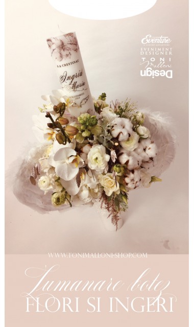 Lumanare de botez unisex, print folio gold si flori naturale si aripi, 45x8cm, Aripi de inger 3